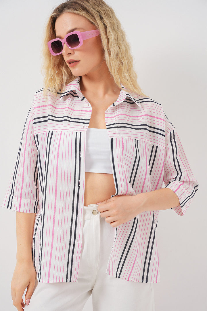 BGD Women Women's Striped Short Sleeve Shirt 20344 - Pink - The Villages