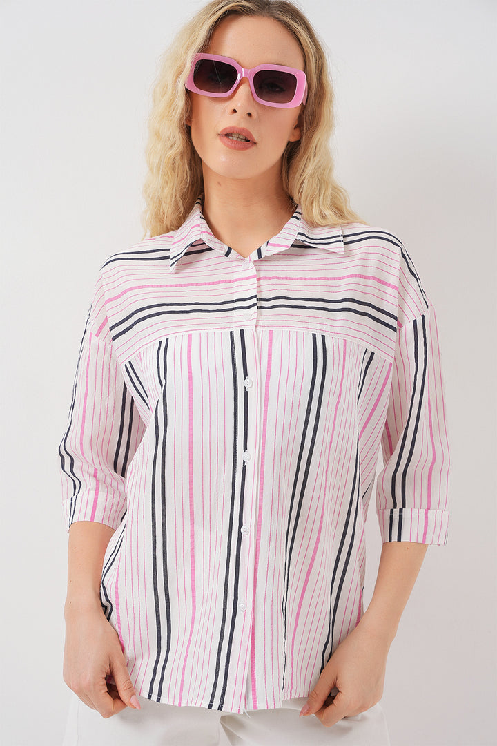BGD Women Women's Striped Short Sleeve Shirt 20344 - Pink - The Villages