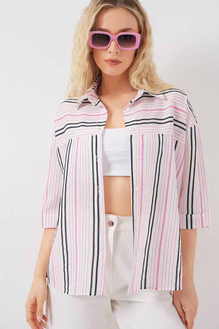 BGD Women Women's Striped Short Sleeve Shirt 20344 - Pink - The Villages