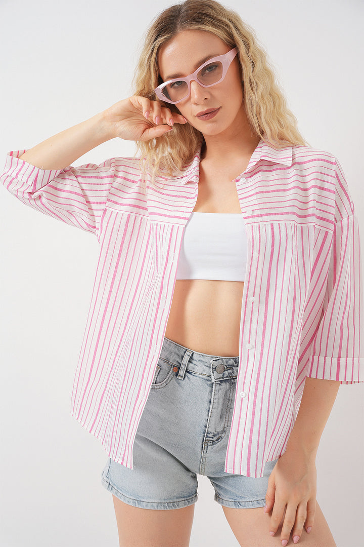 BGD Women Women's Striped Short Sleeve Shirt 20344 - Powder - Layton