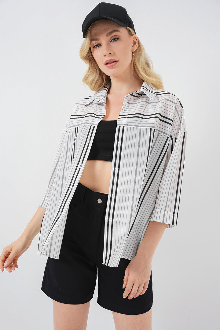 BGD Women Women's Striped Short Sleeve Shirt 20344 - Black - Stone - Deurne