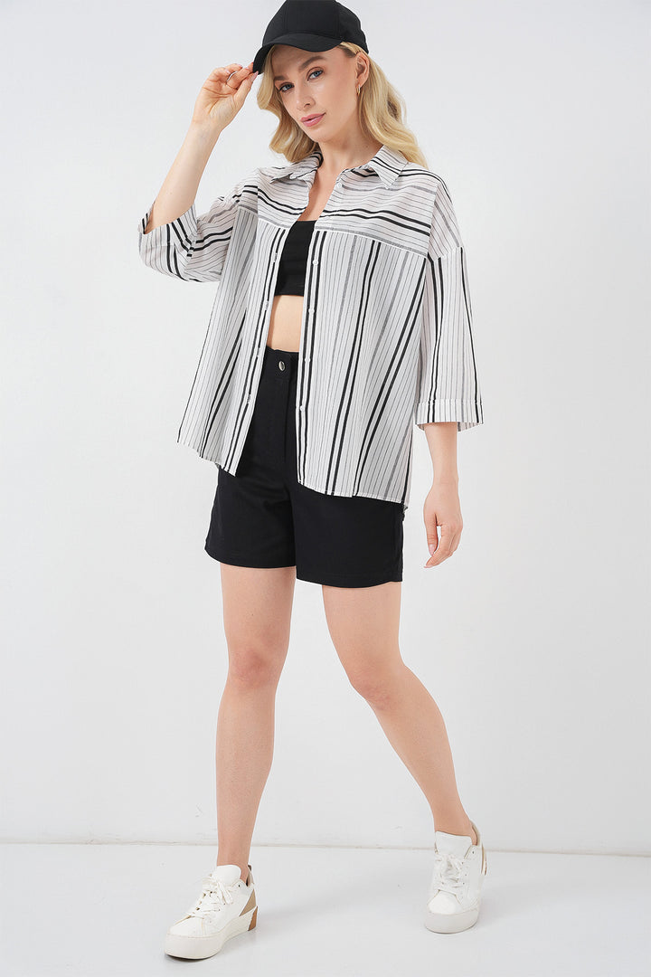 BGD Women Women's Striped Short Sleeve Shirt 20344 - Black - Stone - Deurne
