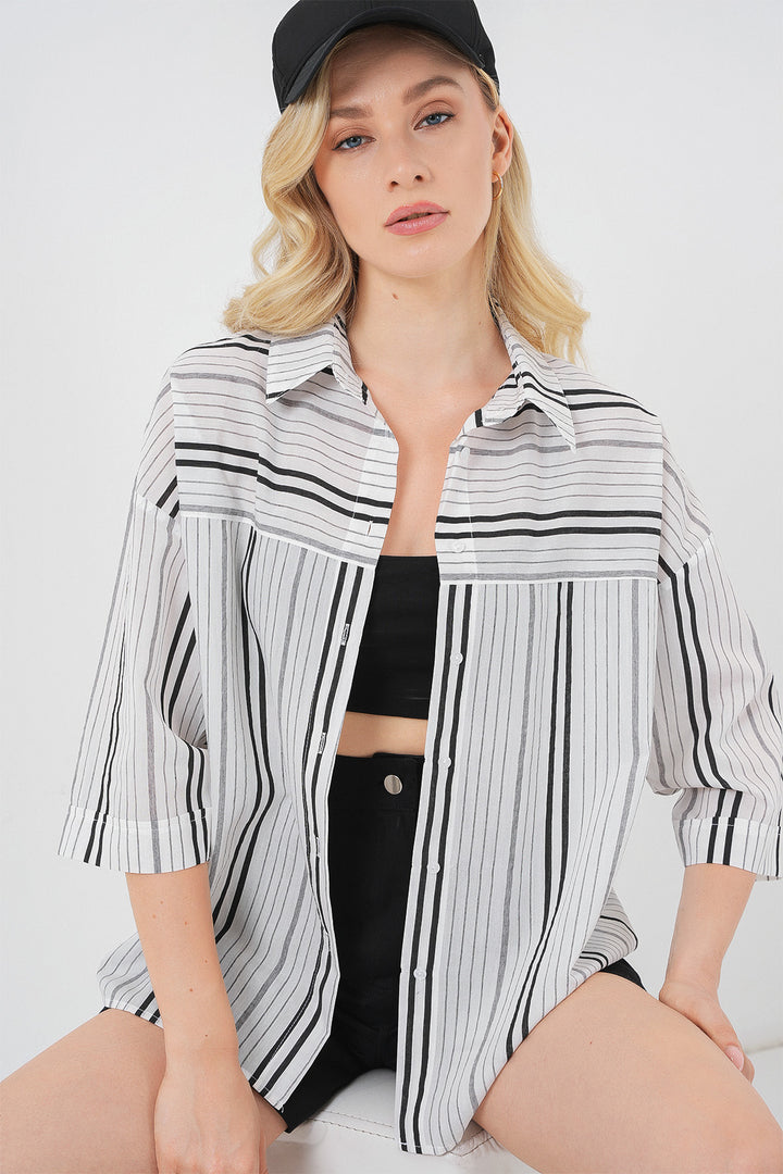 BGD Women Women's Striped Short Sleeve Shirt 20344 - Black - Stone - Deurne
