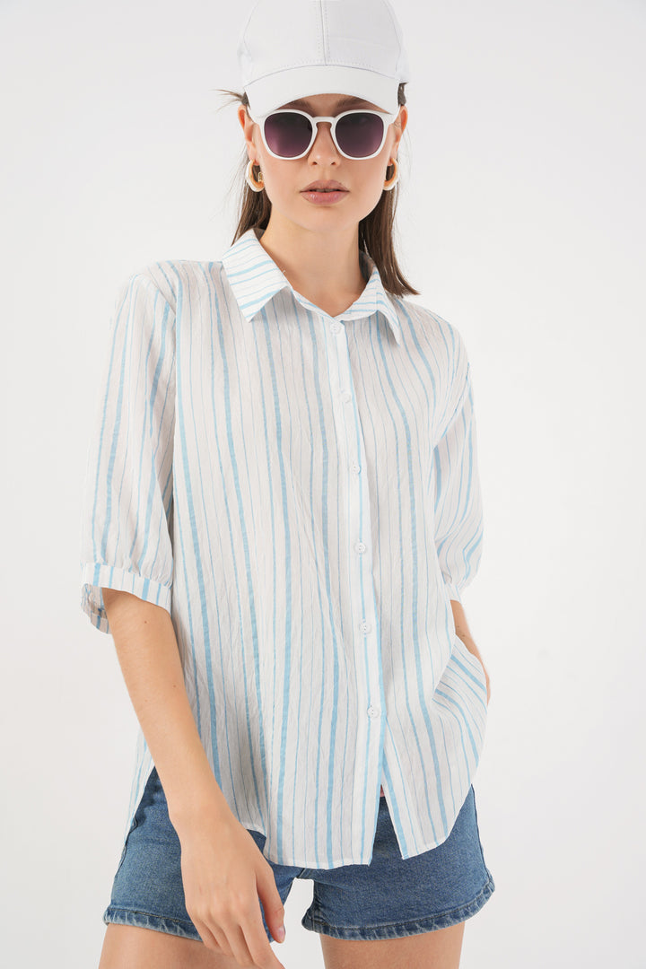 BGD Women Women's Striped Short Sleeve Shirt 20345 - Navy Blue - Ampelókipoi