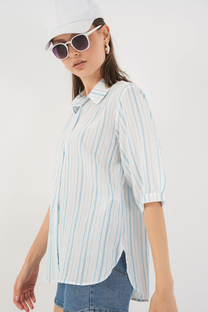 BGD Women Women's Striped Short Sleeve Shirt 20345 - Navy Blue - Ampelókipoi