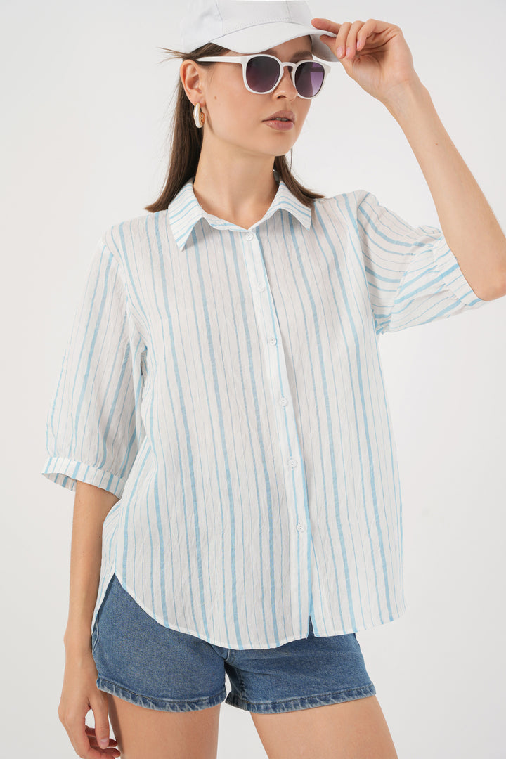 BGD Women Women's Striped Short Sleeve Shirt 20345 - Navy Blue - Ampelókipoi
