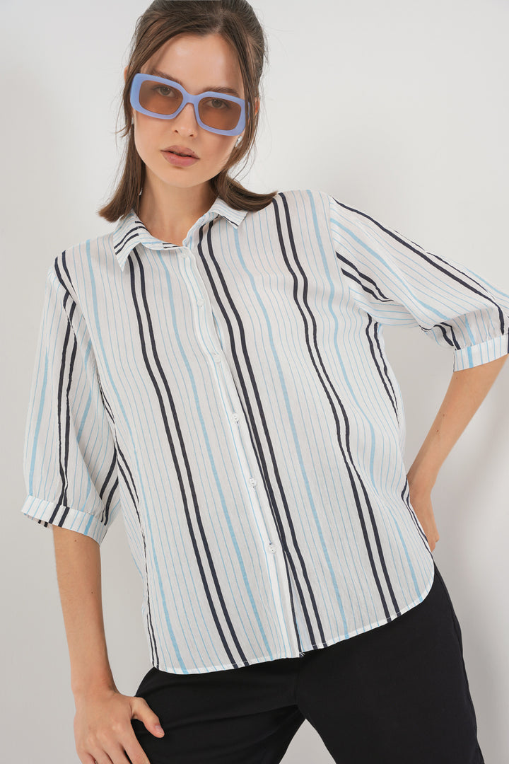 BGD Women Women's Striped Short Sleeve Shirt 20345 - Light Blue - Brockton