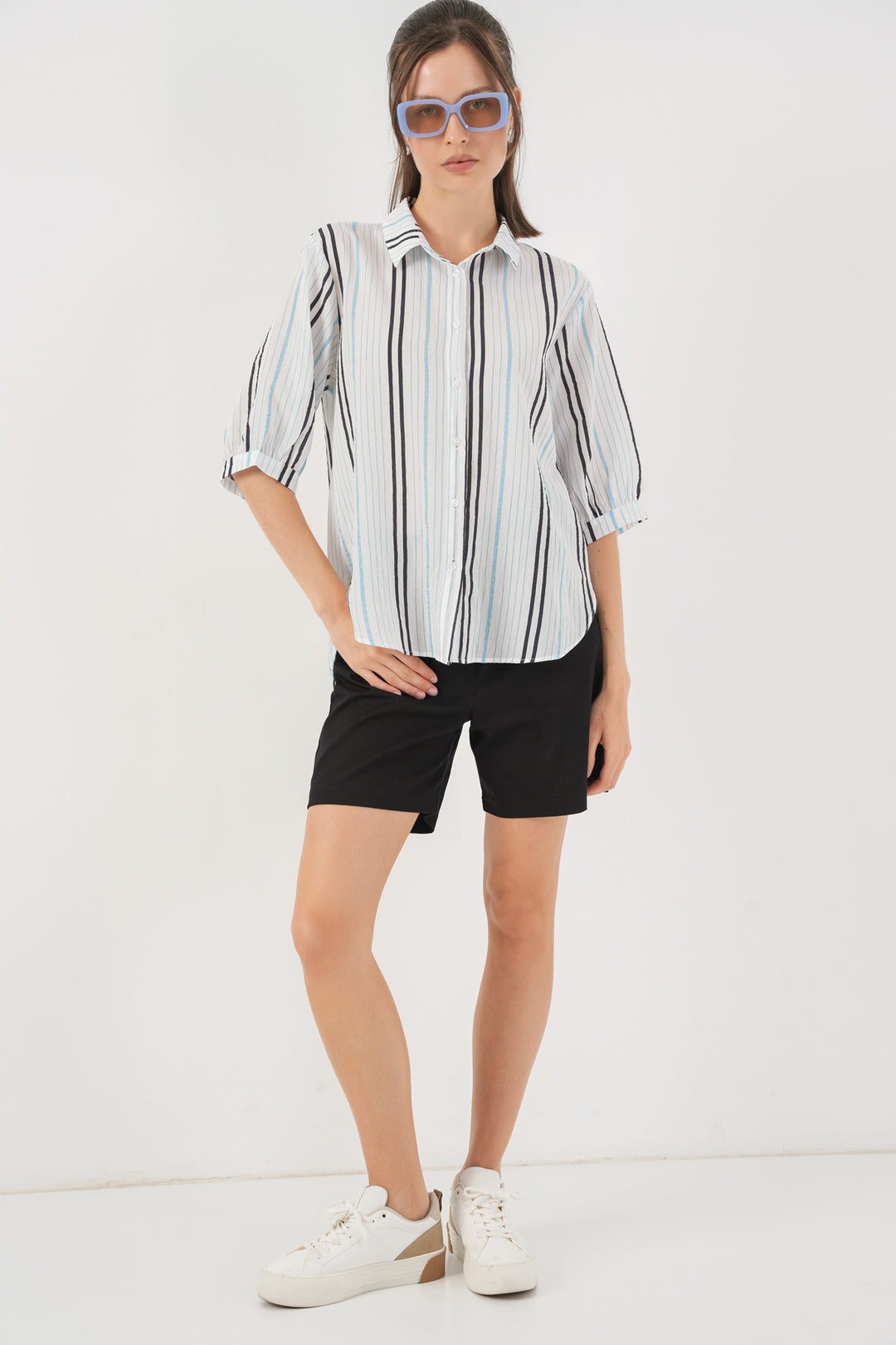 BGD Women Women's Striped Short Sleeve Shirt 20345 - Light Blue - Brockton