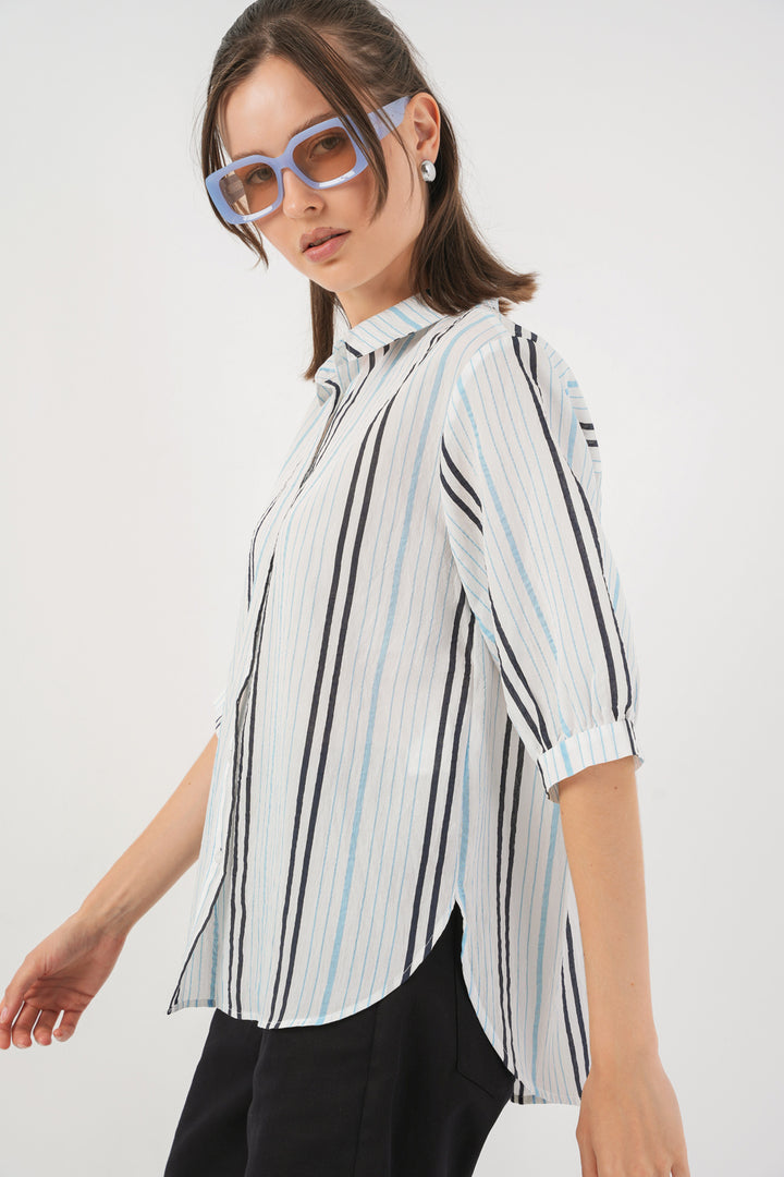 BGD Women Women's Striped Short Sleeve Shirt 20345 - Light Blue - Brockton