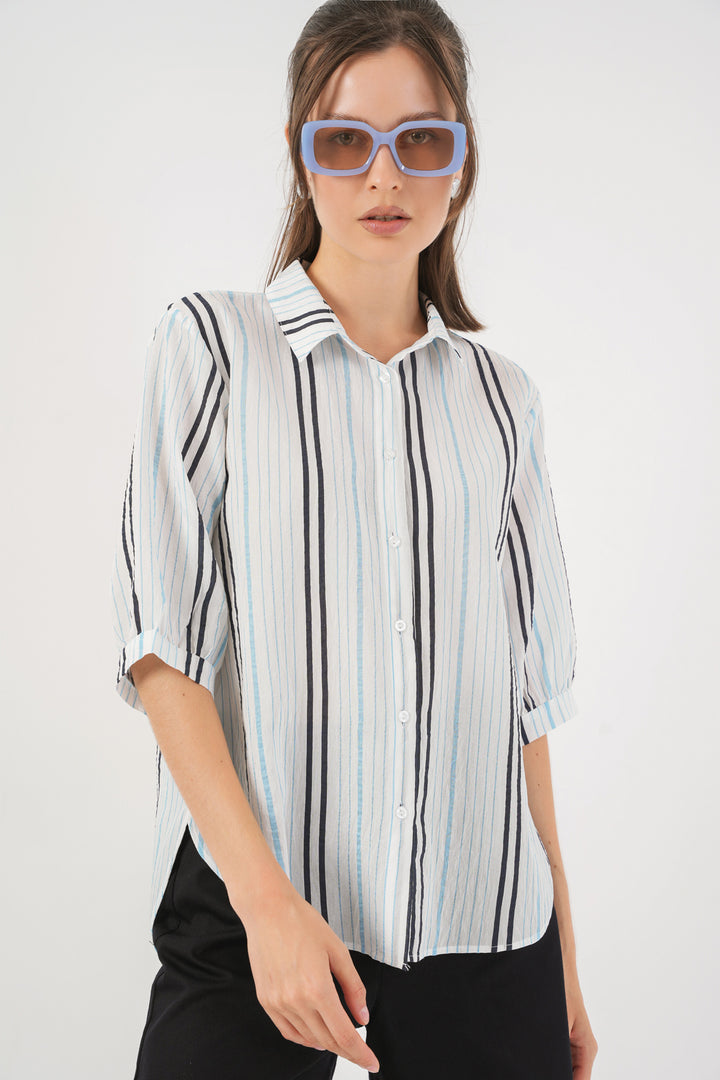 BGD Women Women's Striped Short Sleeve Shirt 20345 - Light Blue - Brockton