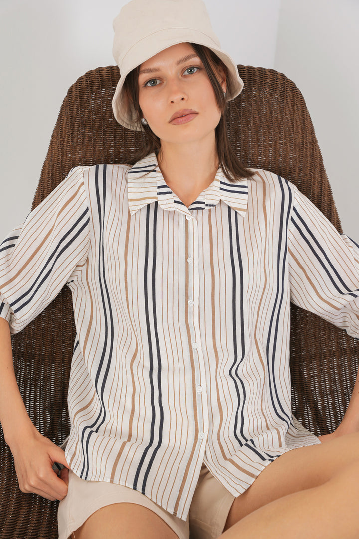 BGD Women Women's Striped Short Sleeve Shirt 20345 - Beige - Almería