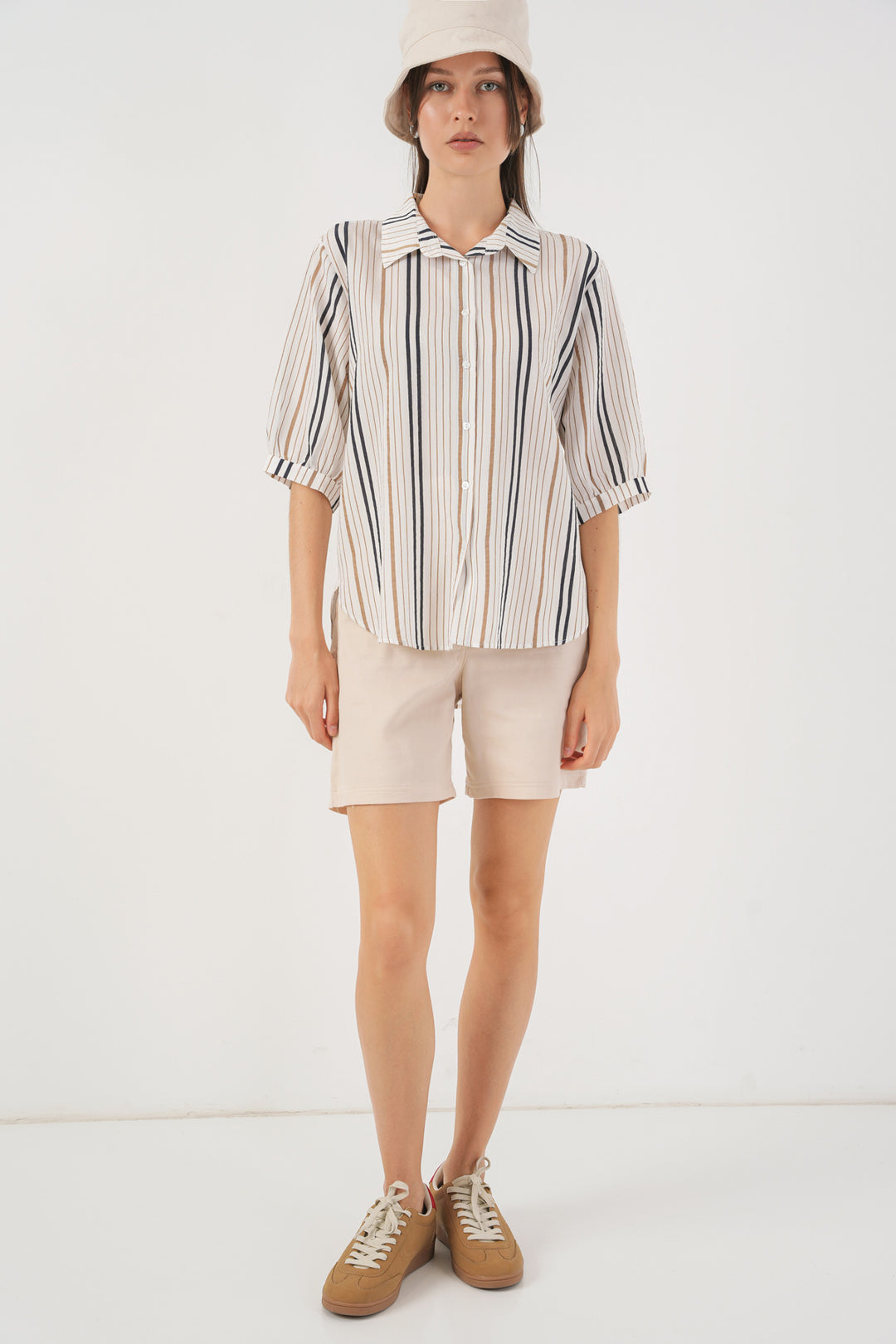 BGD Women Women's Striped Short Sleeve Shirt 20345 - Beige - Almería