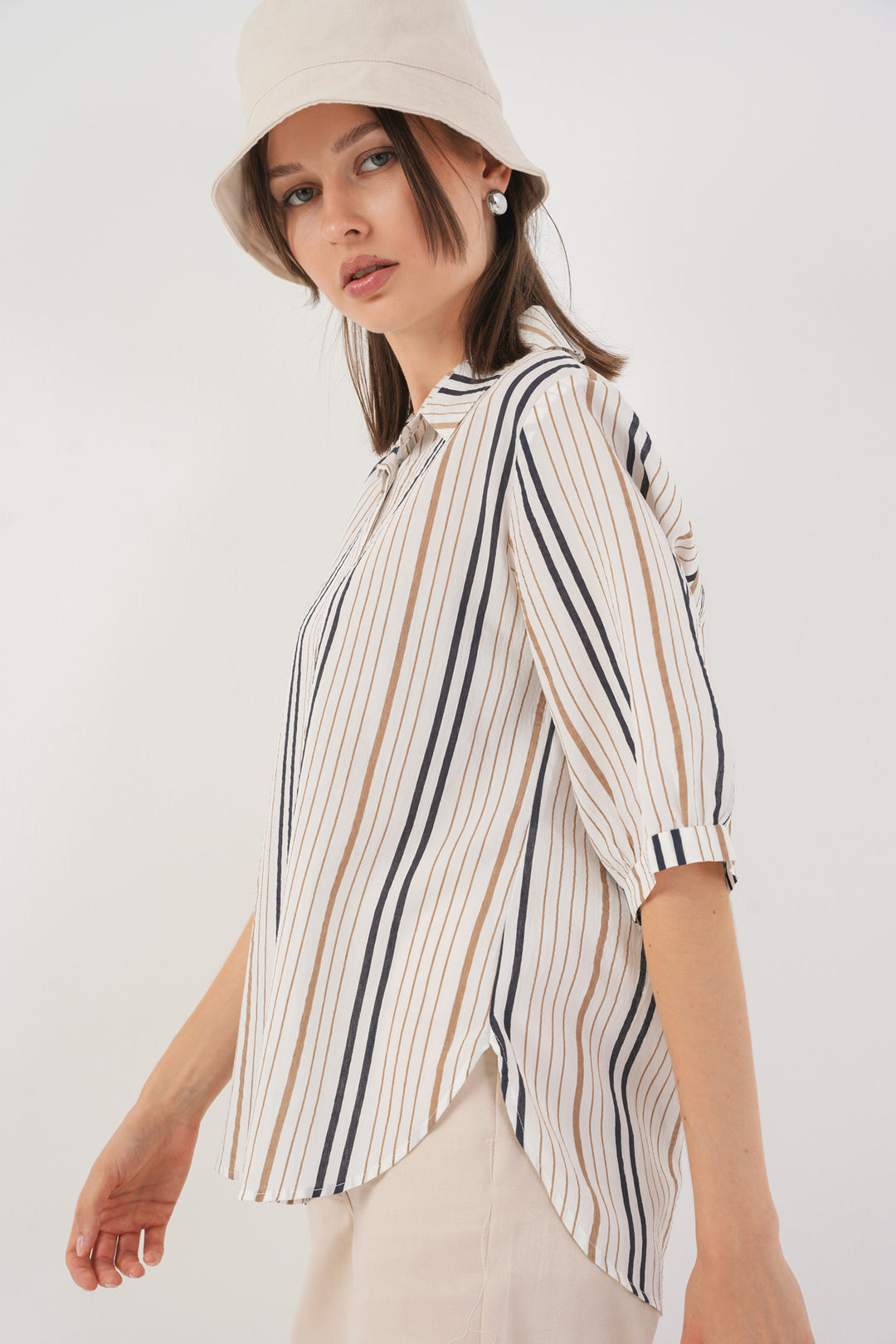 BGD Women Women's Striped Short Sleeve Shirt 20345 - Beige - Almería