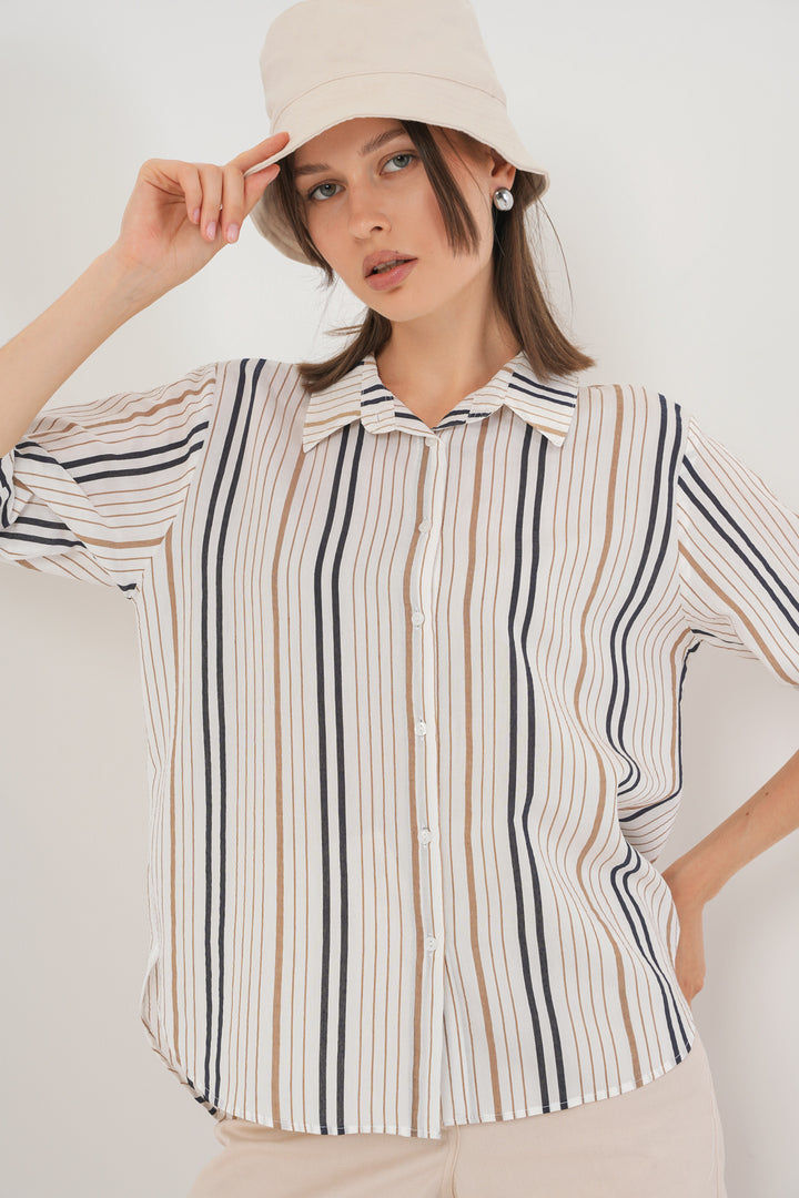BGD Women Women's Striped Short Sleeve Shirt 20345 - Beige - Almería