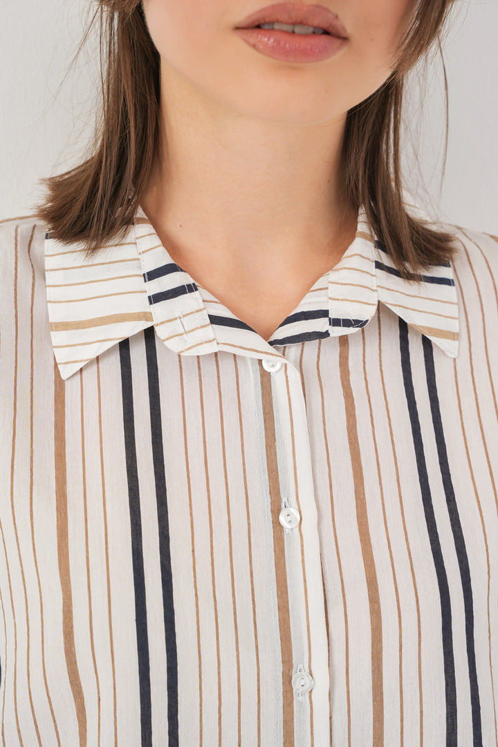 BGD Women Women's Striped Short Sleeve Shirt 20345 - Beige - Almería