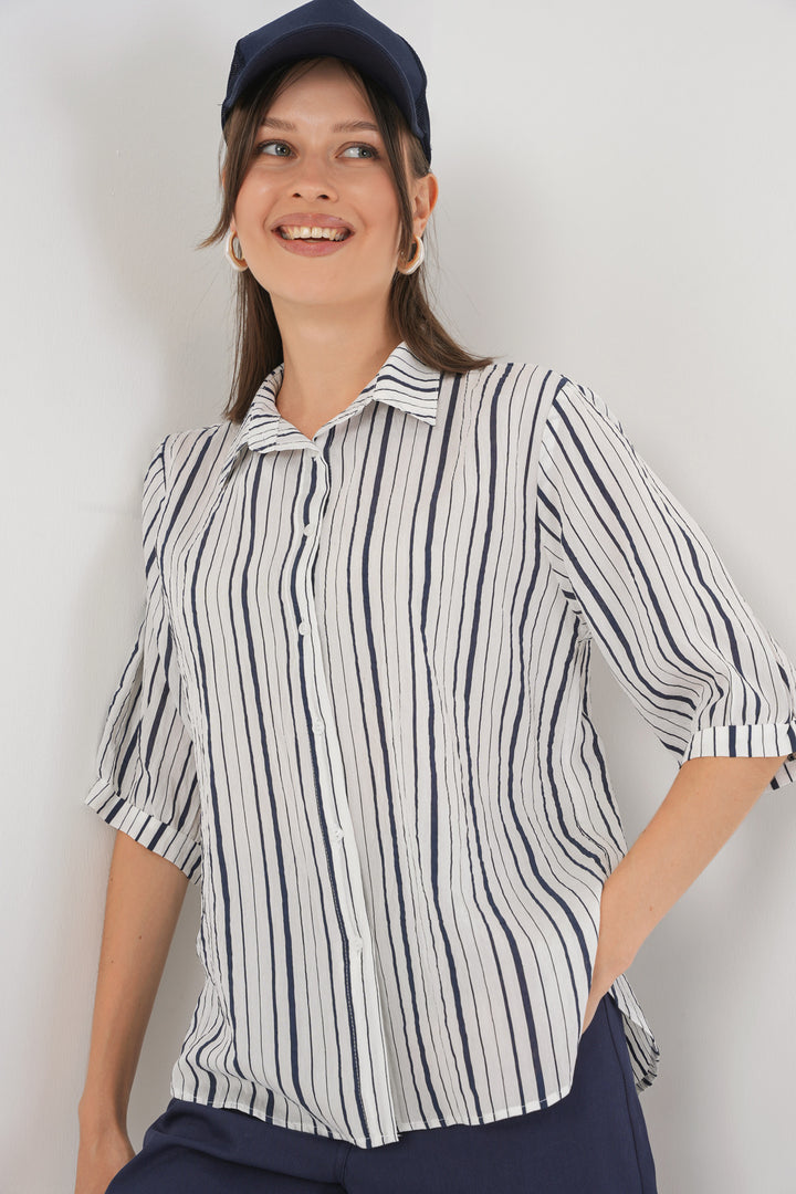 BGD Women Women's Striped Short Sleeve Shirt 20345 - Navy Blue - Passaic