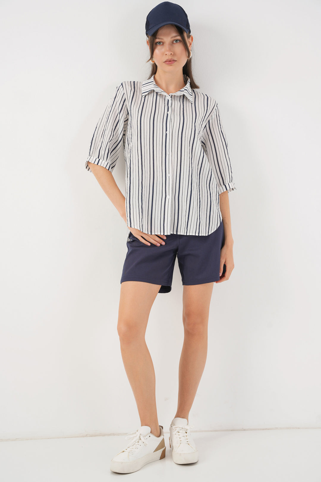 BGD Women Women's Striped Short Sleeve Shirt 20345 - Navy Blue - Passaic