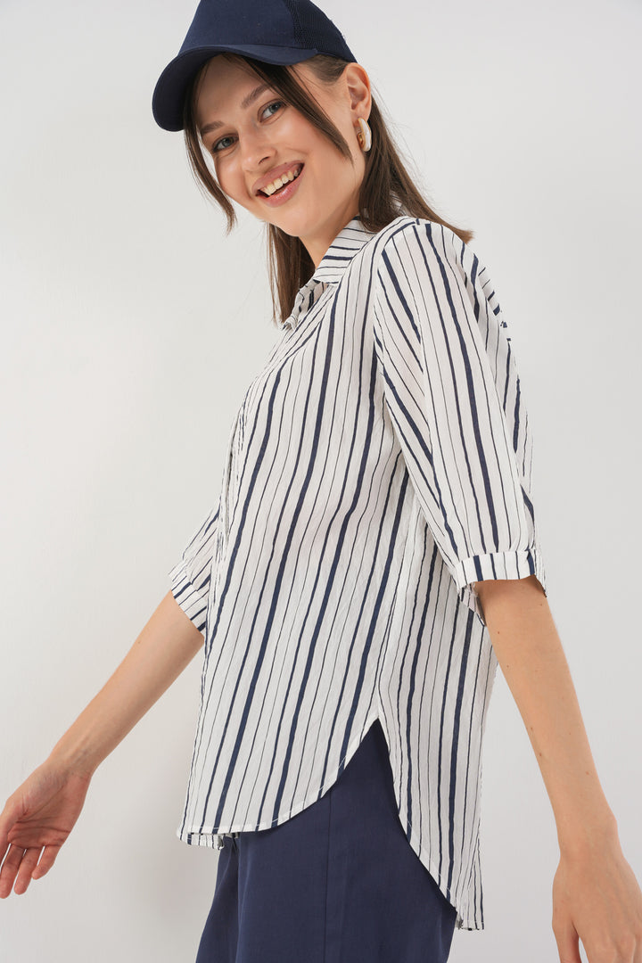 BGD Women Women's Striped Short Sleeve Shirt 20345 - Navy Blue - Passaic