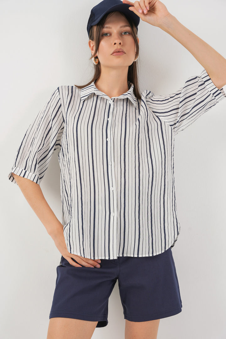 BGD Women Women's Striped Short Sleeve Shirt 20345 - Navy Blue - Passaic