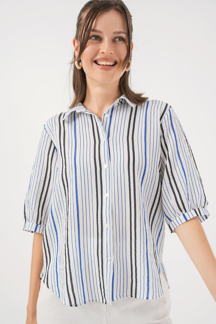 BGD Women Women's Striped Short Sleeve Shirt 20345 - Navy Blue - Ivano-Frankivsk