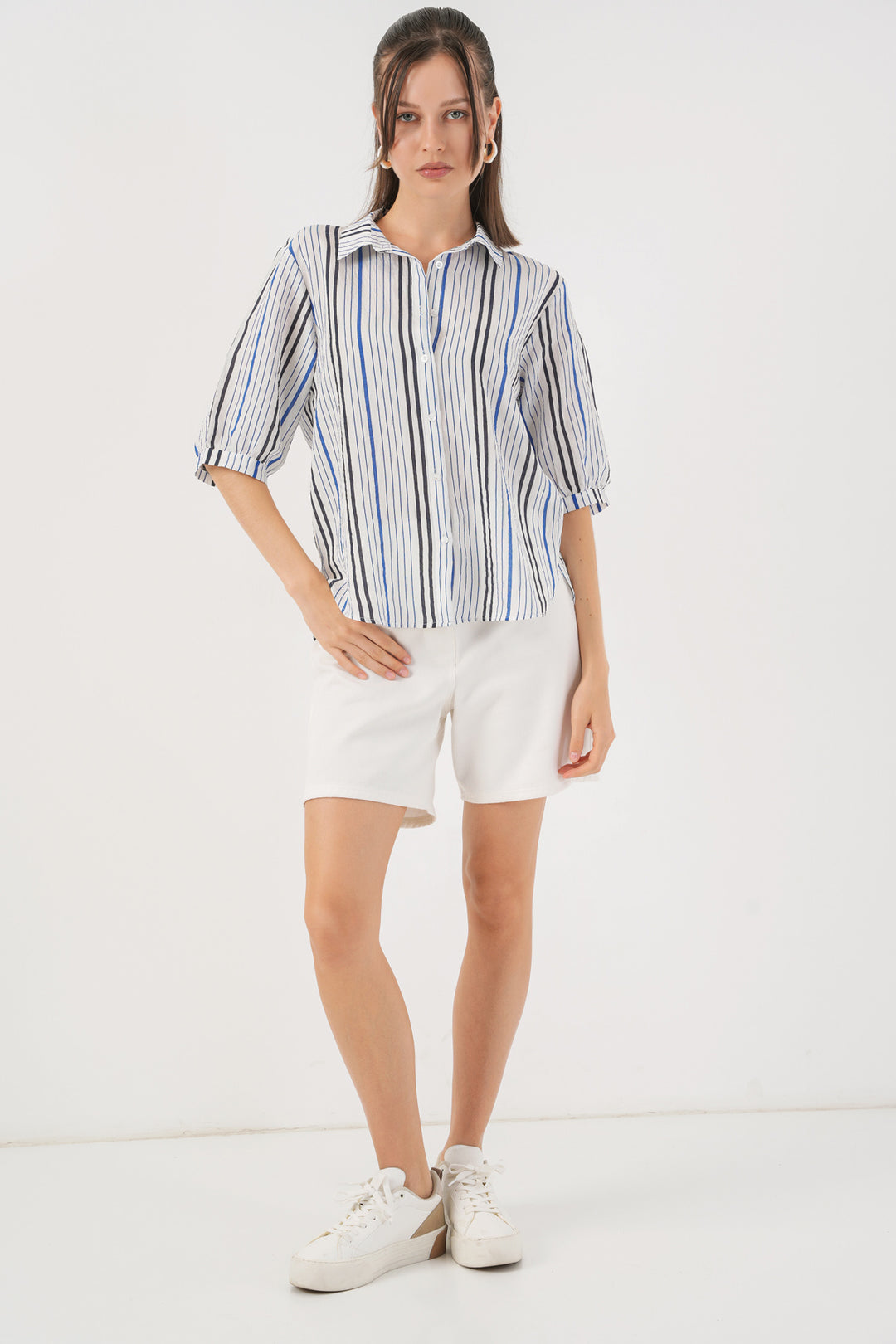 BGD Women Women's Striped Short Sleeve Shirt 20345 - Navy Blue - Bad Vilbel