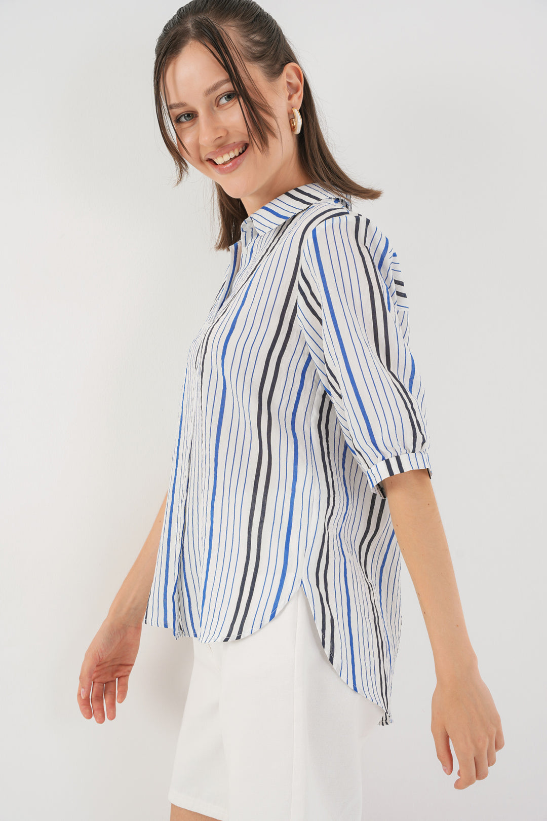 BGD Women Women's Striped Short Sleeve Shirt 20345 - Navy Blue - Ivano-Frankivsk