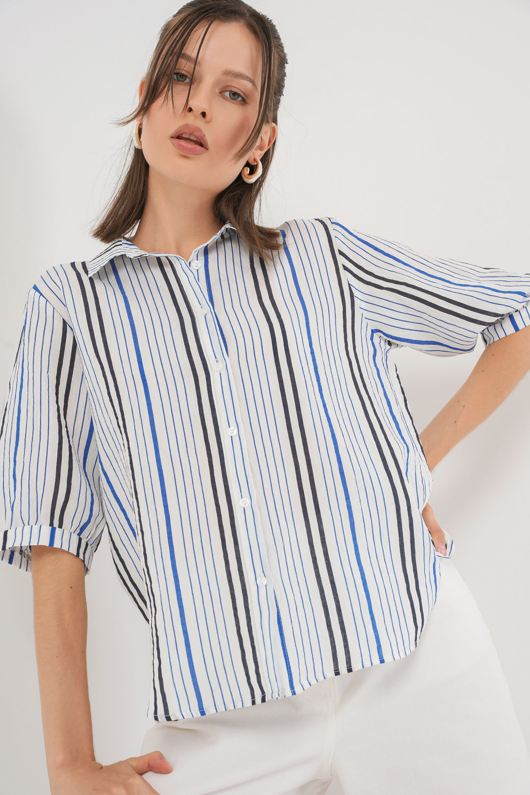 BGD Women Women's Striped Short Sleeve Shirt 20345 - Navy Blue - Ivano-Frankivsk