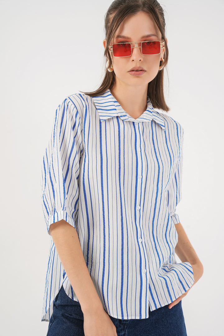 BGD Women Woman Striped Short Sleeve Shirt 20345 - Blue - Chilliwack