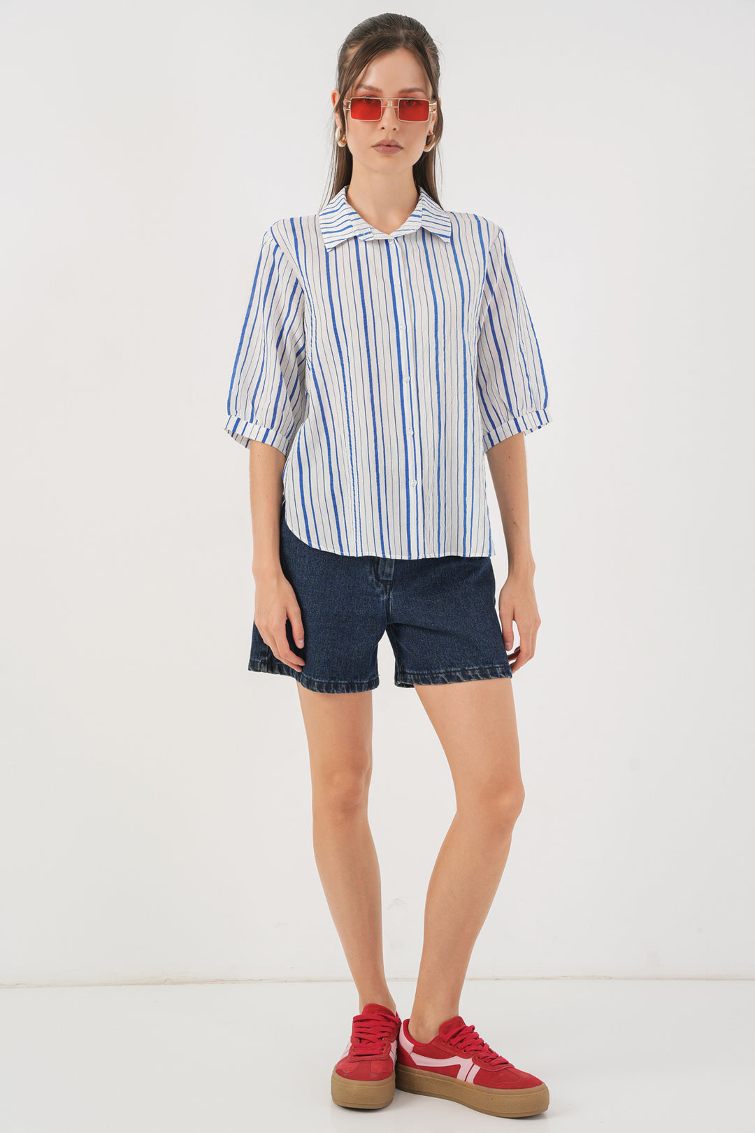 BGD Women Woman Striped Short Sleeve Shirt 20345 - Blue - Chilliwack