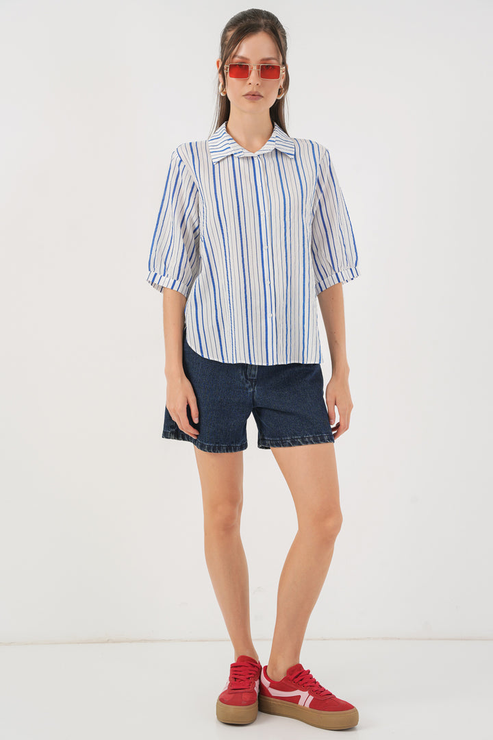 BGD Women Woman Striped Short Sleeve Shirt 20345 - Blue - Chilliwack