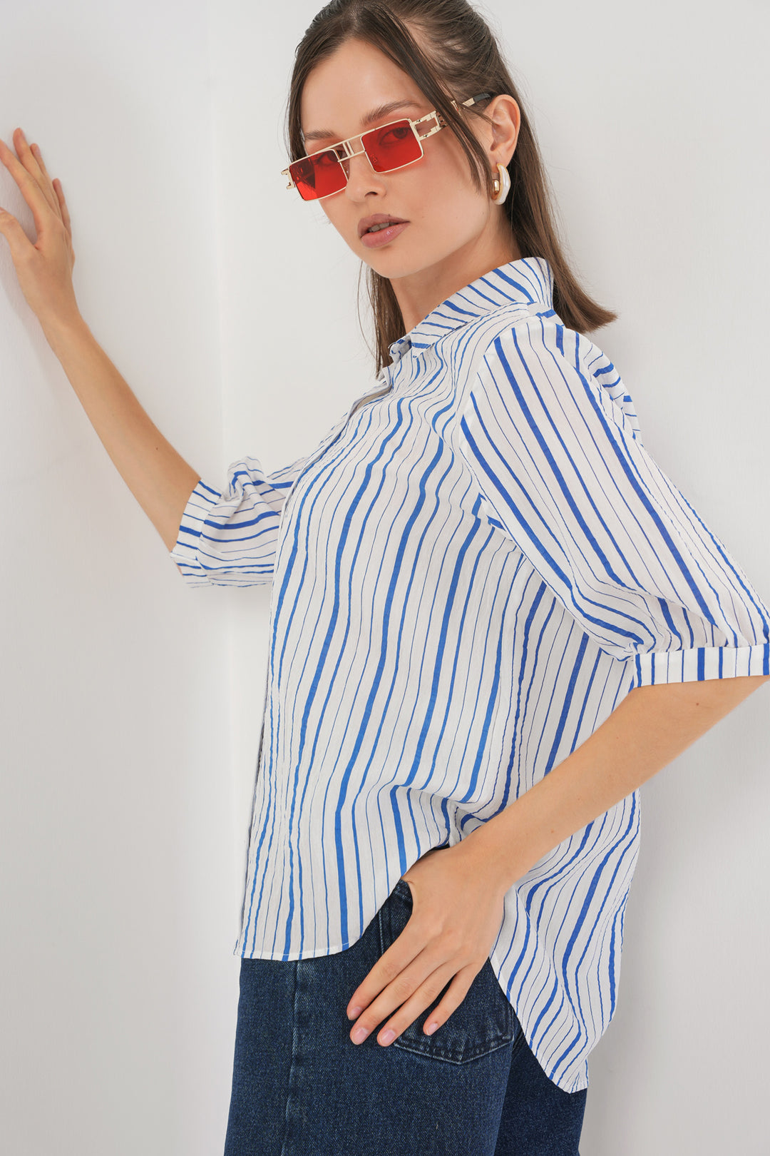 BGD Women Woman Striped Short Sleeve Shirt 20345 - Blue - Chilliwack