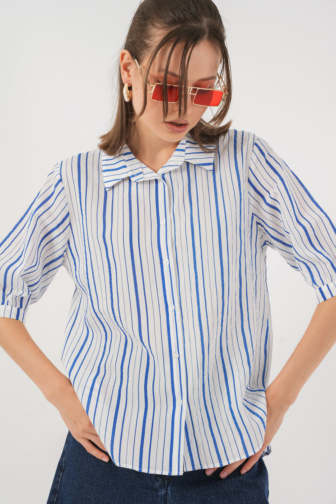 BGD Women Woman Striped Short Sleeve Shirt 20345 - Blue - Chilliwack