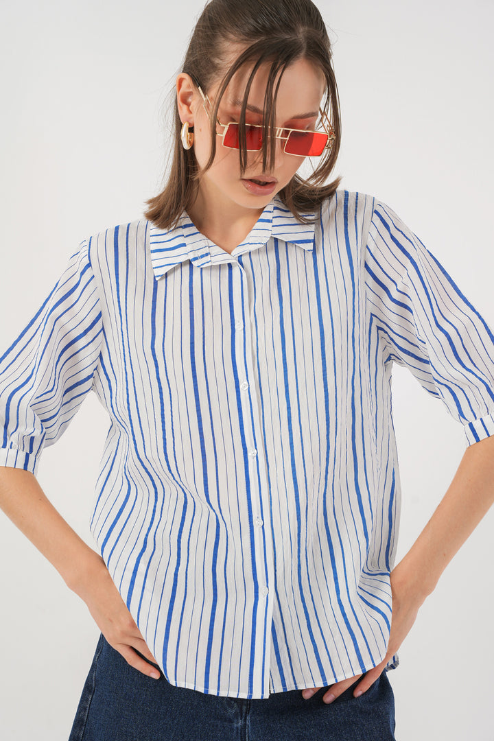 BGD Women Woman Striped Short Sleeve Shirt 20345 - Blue - Chilliwack