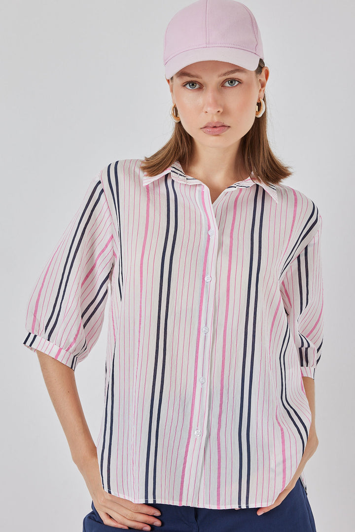 BGD Women Kadın Çizgili Kısa Kol Gömlek 20345 - Pembe - Moncalieri