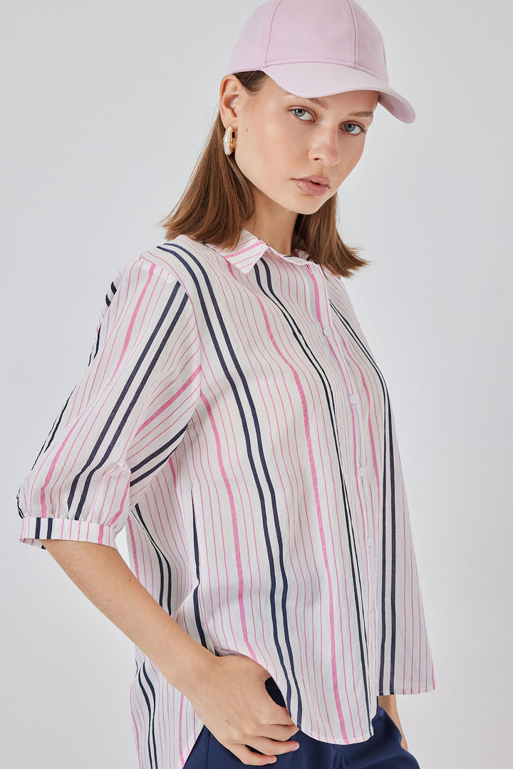 BGD Women Kadın Çizgili Kısa Kol Gömlek 20345 - Pembe - Moncalieri