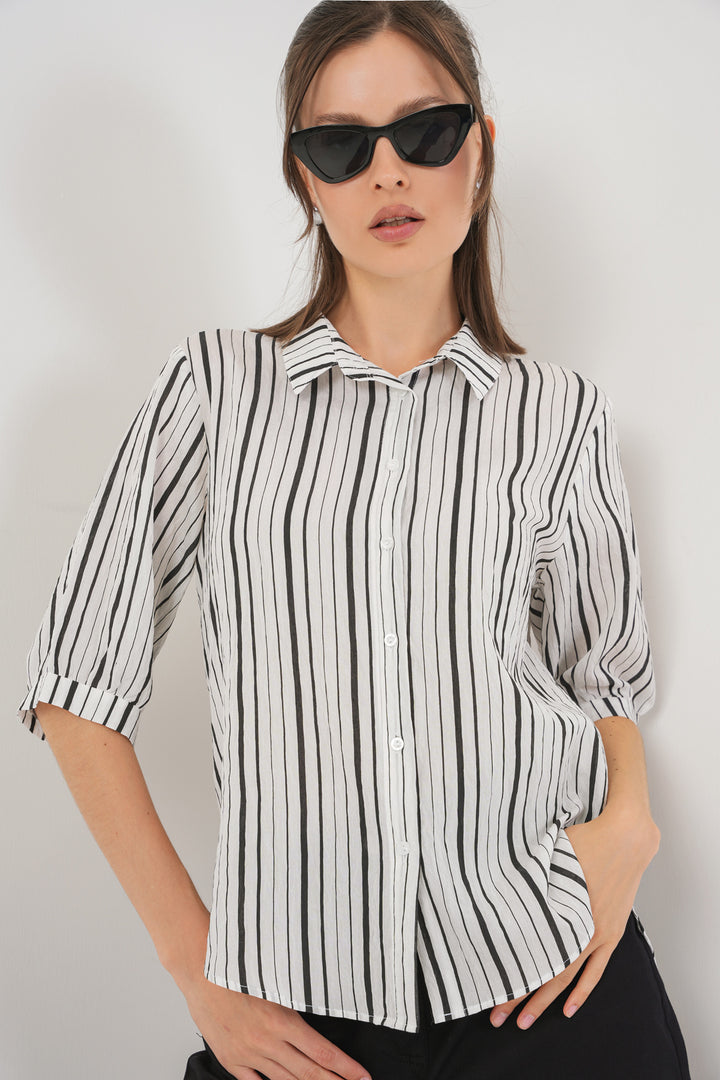 BGD Women Woman Striped Short Sleeve Shirt 20345 - Black - Tonalá