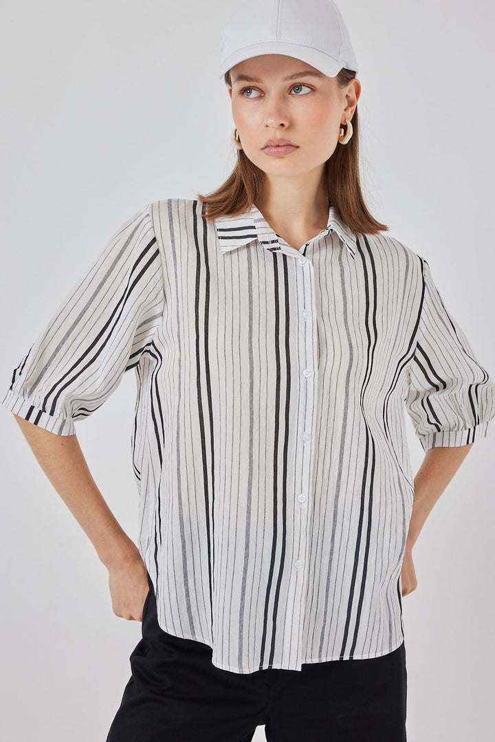 BGD Women Women's Striped Short Sleeve Shirt 20345 - Stone - Le Cannet