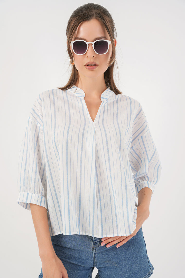 BGD Women Woman Striped Oversize Blouse 967 - Light Blue - Coventry