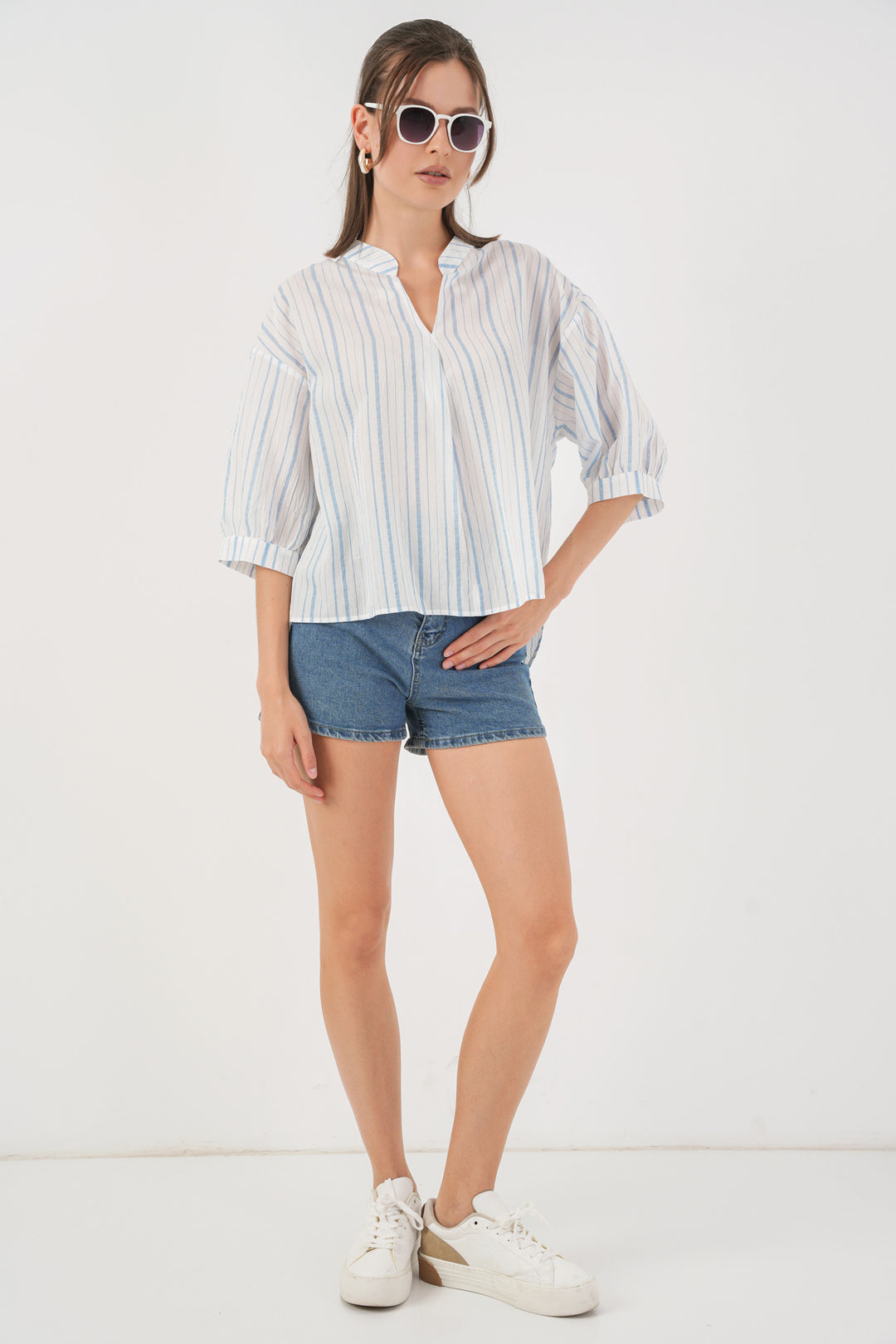 BGD Women Woman Striped Oversize Blouse 967 - Light Blue - Coventry