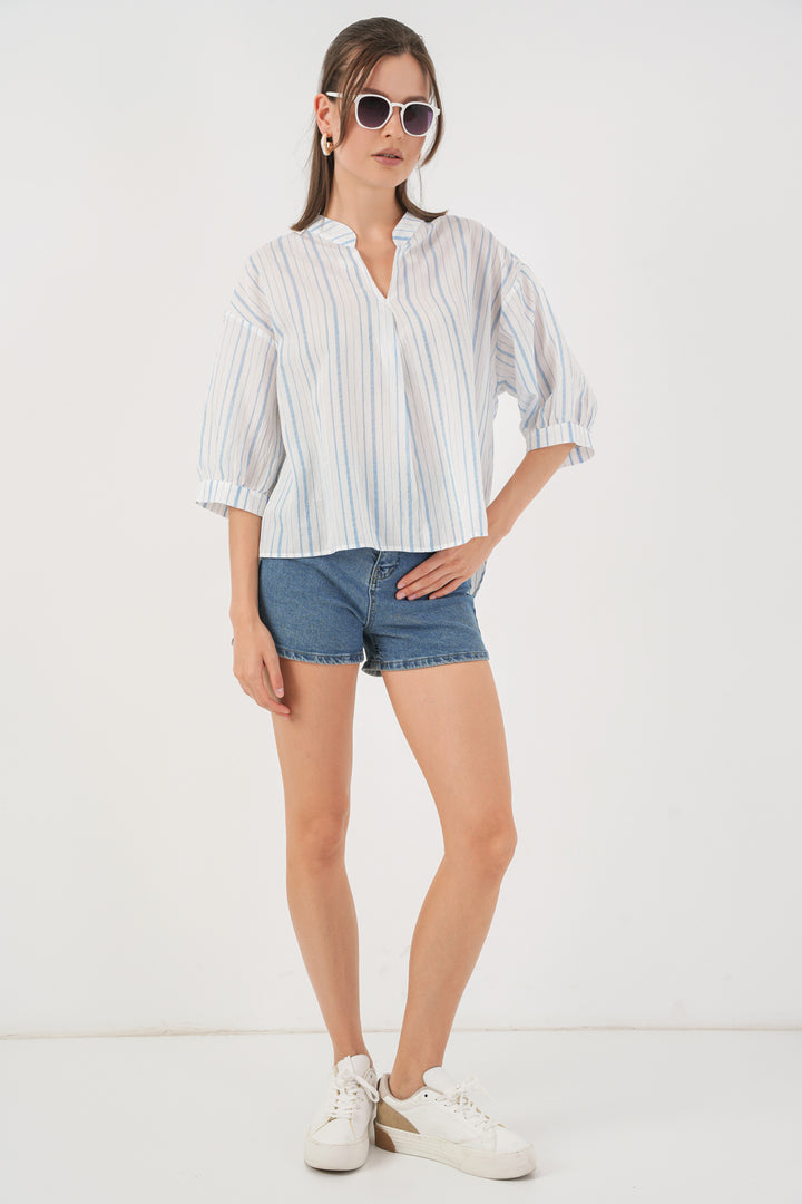 BGD Women Woman Striped Oversize Blouse 967 - Light Blue - Coventry
