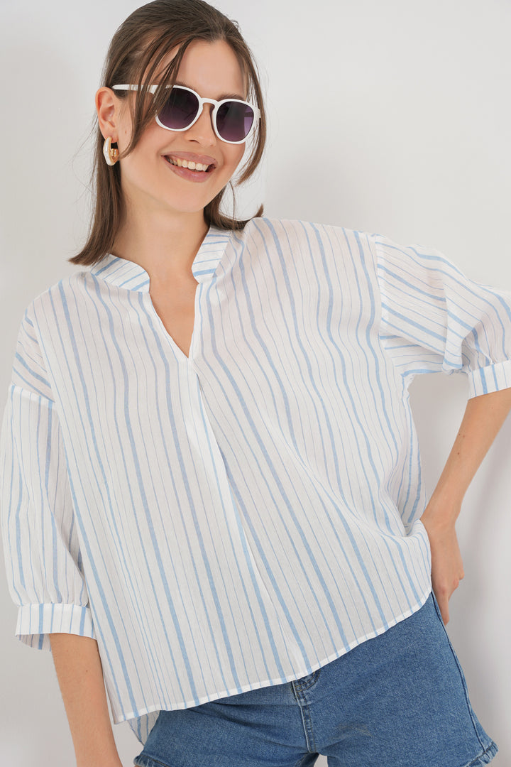 BGD Women Woman Striped Oversize Blouse 967 - Light Blue - Coventry