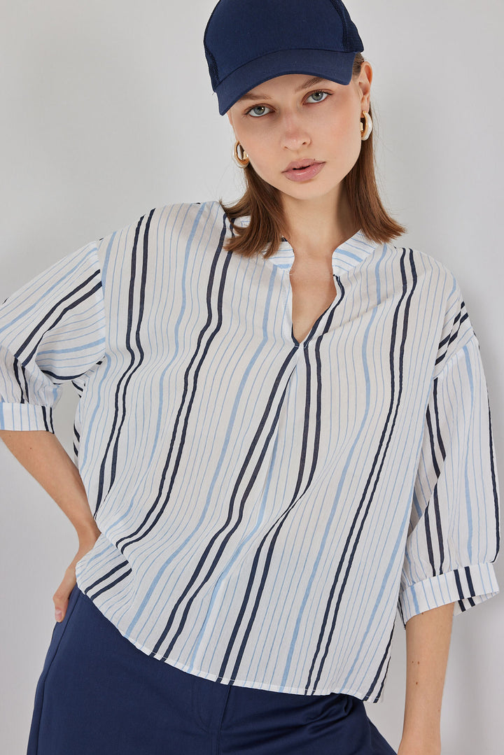 BGD Women Woman Striped Oversized Blouse 967 - Light Blue - Morley