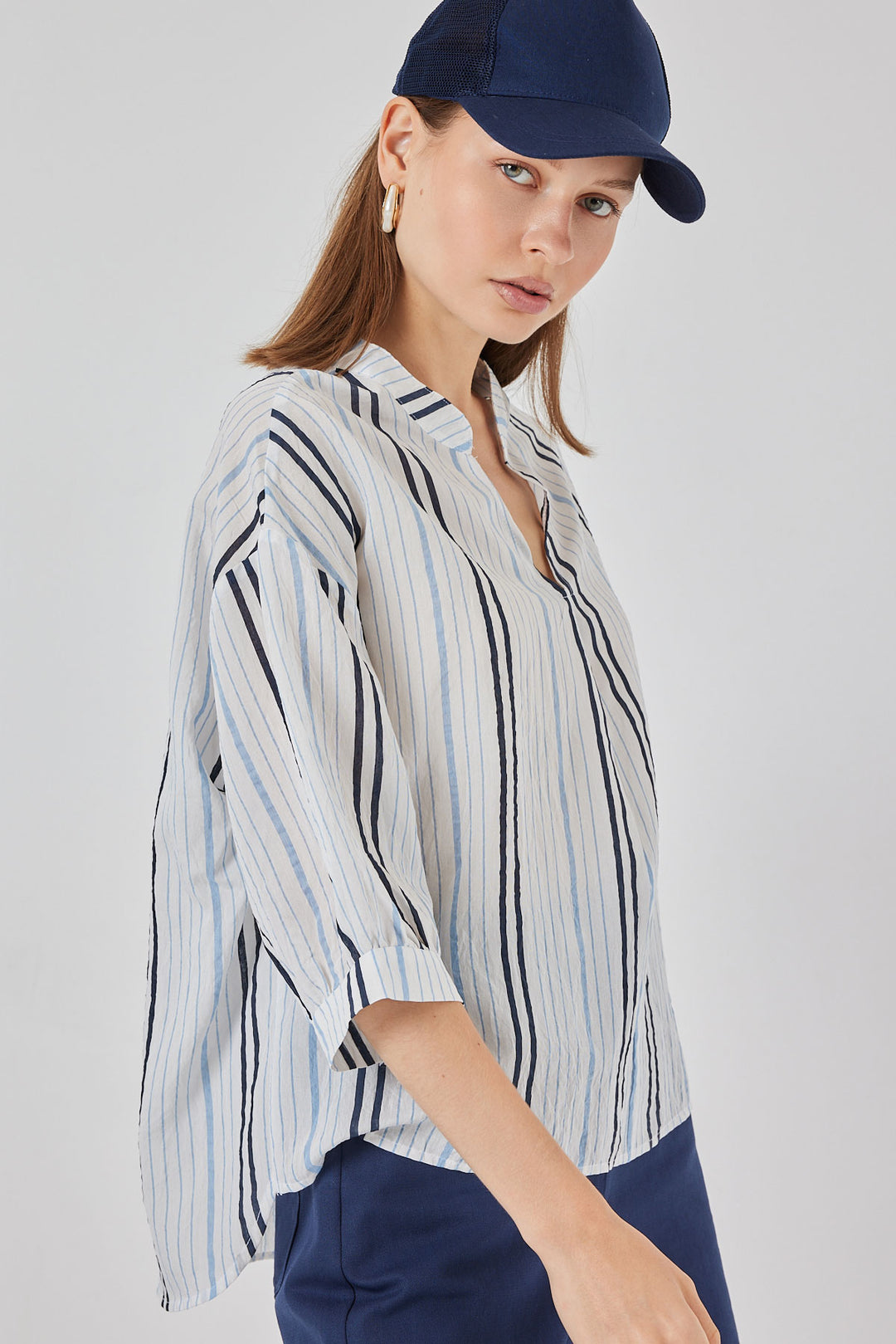 BGD Women Woman Striped Oversized Blouse 967 - Light Blue - Morley