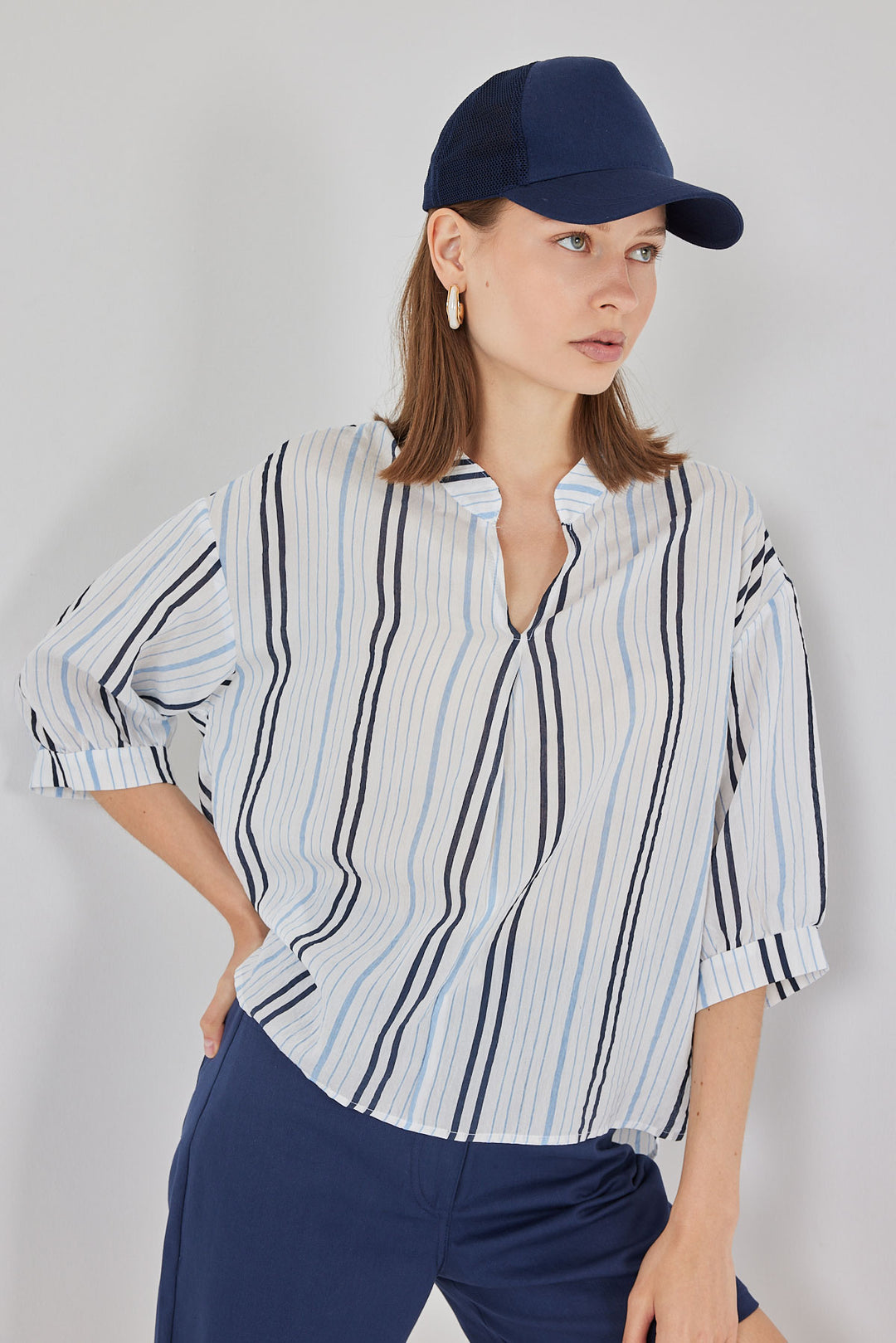 BGD Women Woman Striped Oversized Blouse 967 - Light Blue - Morley