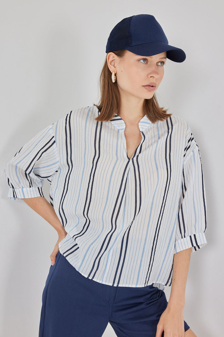 BGD Women Woman Striped Oversized Blouse 967 - Light Blue - Morley