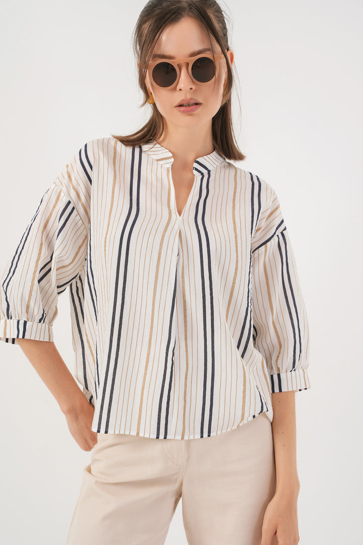 BGD Women Woman Striped Oversized Blouse 967 - Beige - Paracho de Verduzco