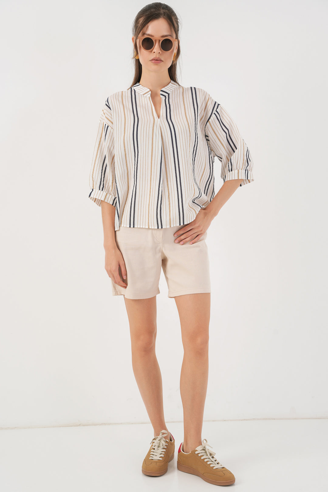 BGD Women Woman Striped Oversized Blouse 967 - Beige - Paracho de Verduzco