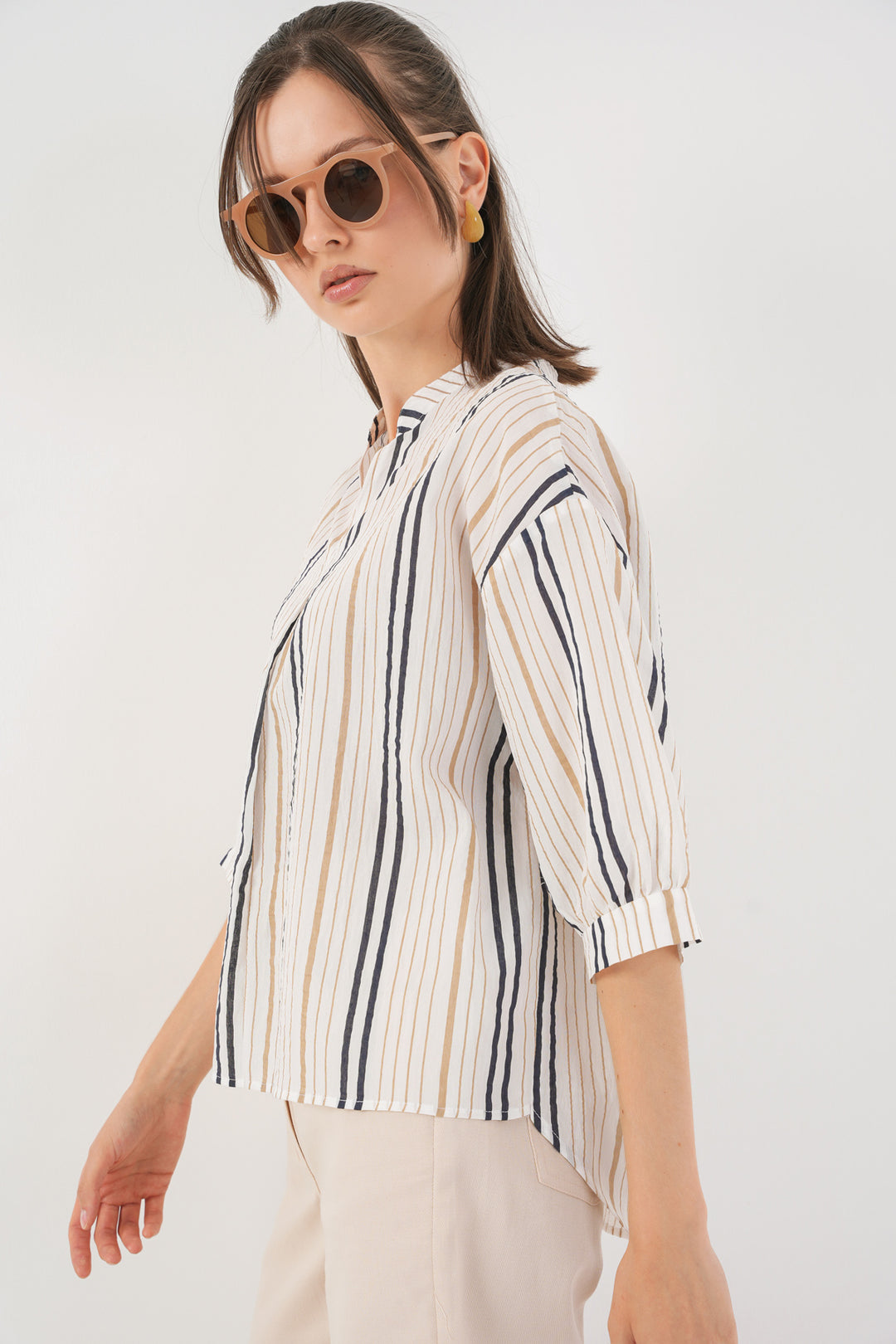 BGD Women Woman Striped Oversized Blouse 967 - Beige - Paracho de Verduzco