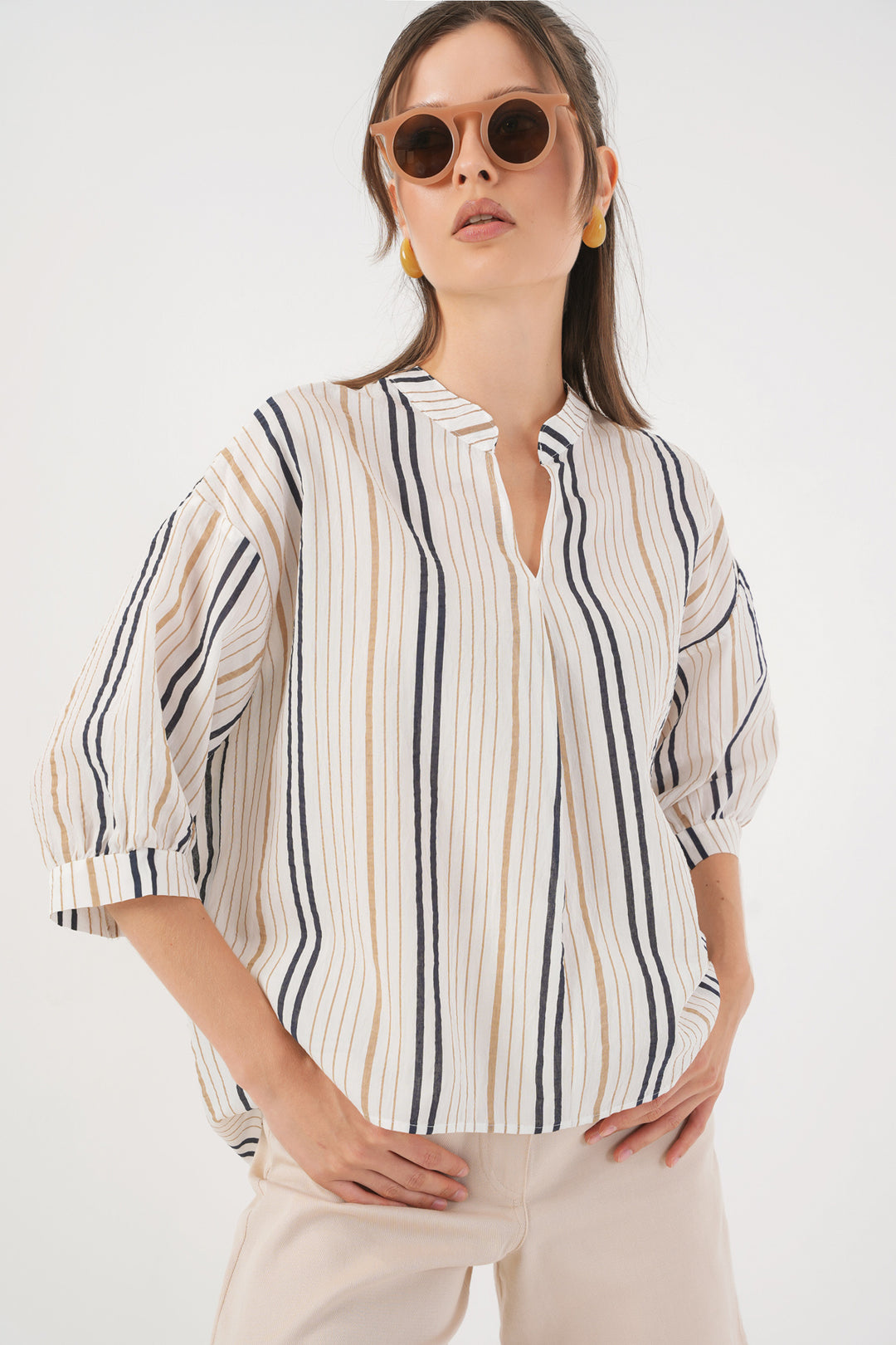 BGD Women Woman Striped Oversized Blouse 967 - Beige - Paracho de Verduzco