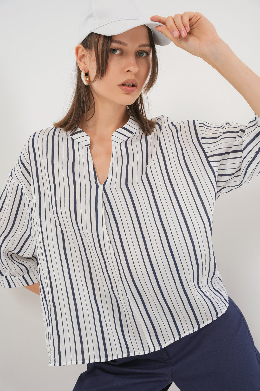 BGD Women Woman Striped Oversize Blouse 967 - Dark Blue - Colmenar Viejo